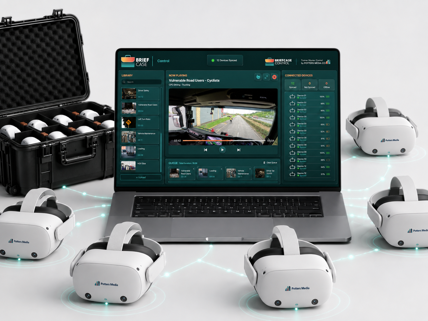 Briefcase Control trainer app running on a laptop, surrounded by connected VR headsets